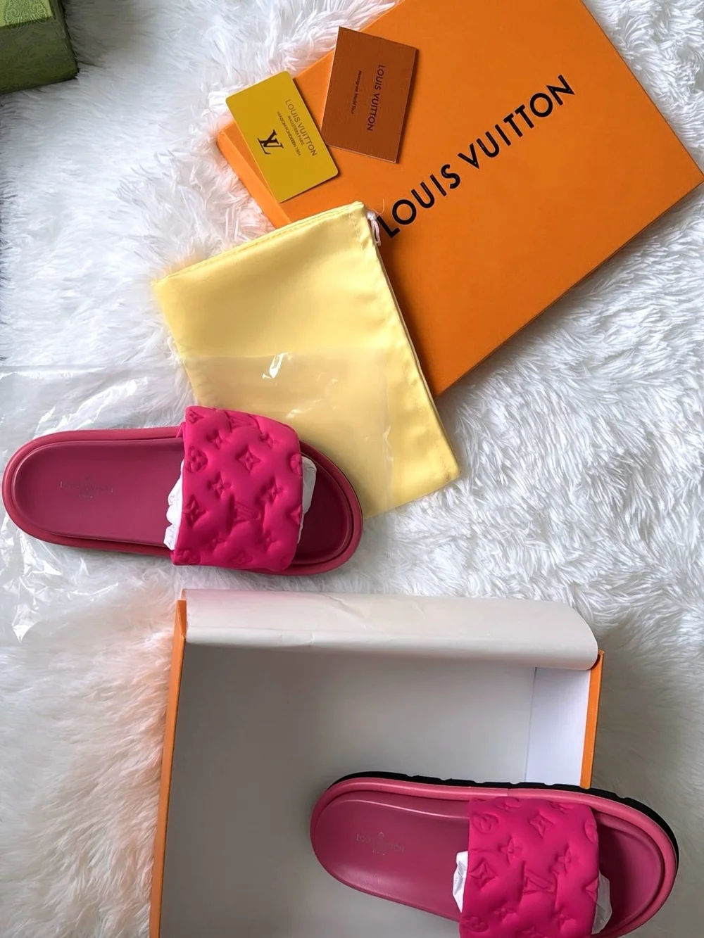 Neon Pink Embossed Monogram Slide Sandals